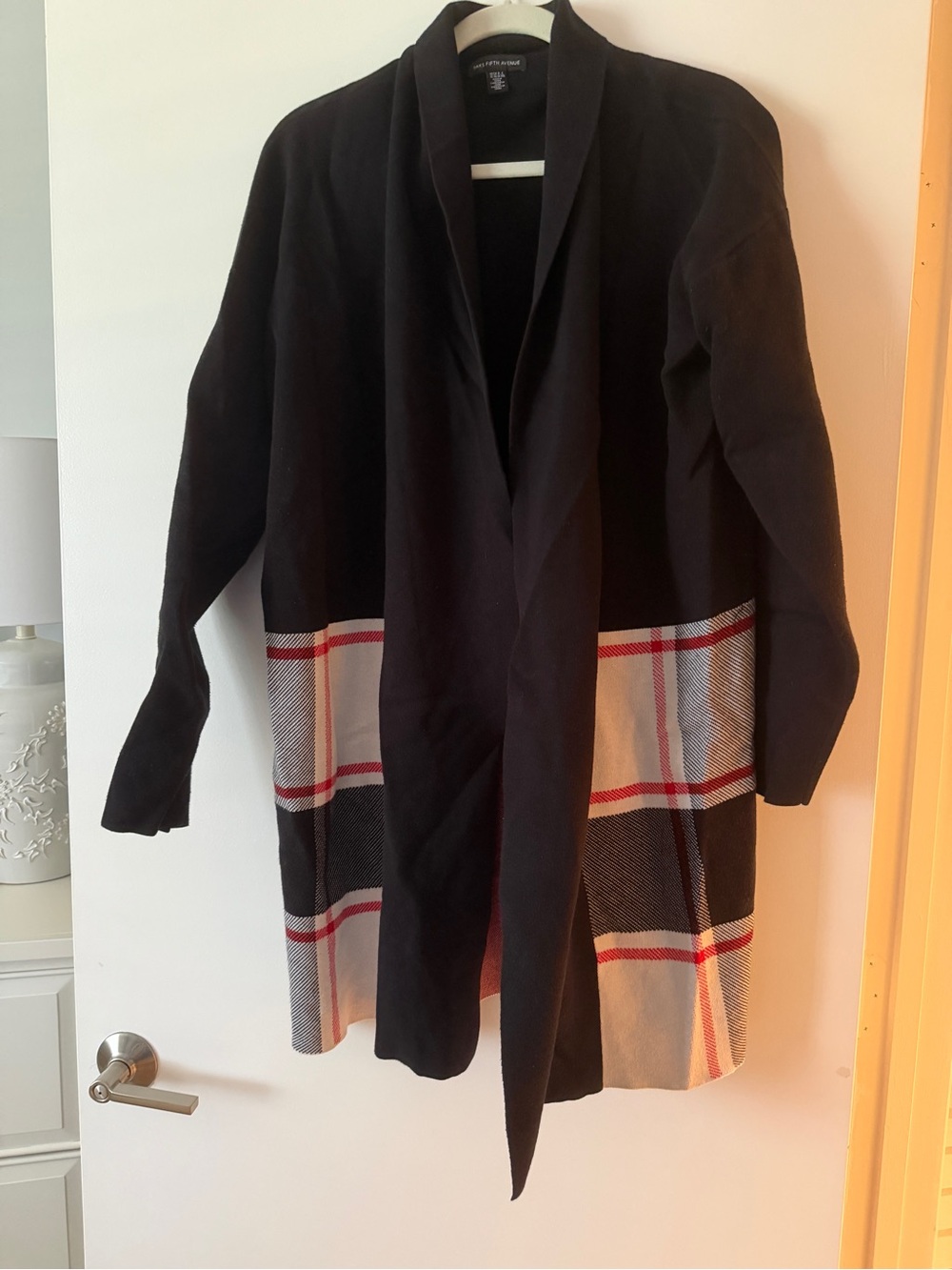 Sacks Fifth Avenue Black Coatigan with Red and Cream Plaid Panels